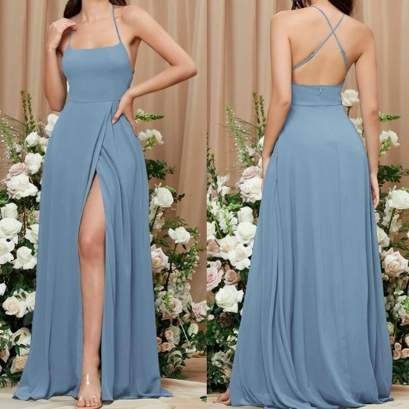 Luxe dusty blue crisscross back slit thigh party bridesmaids formal maxi dress